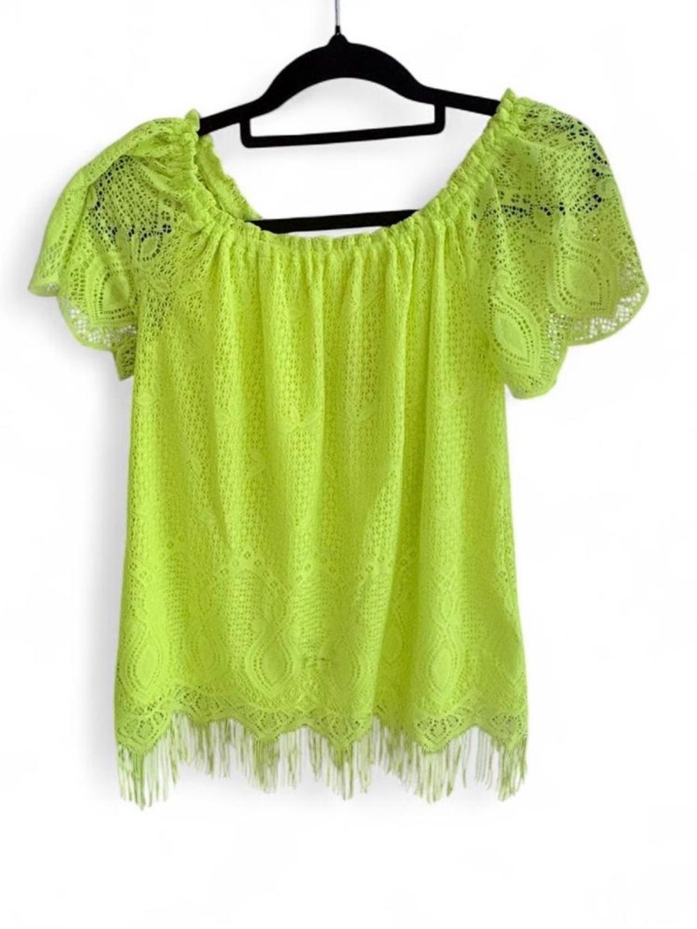 Lilly Pulitzer Neon Lime Eyelet Off-Shoulder Fringe Tunic